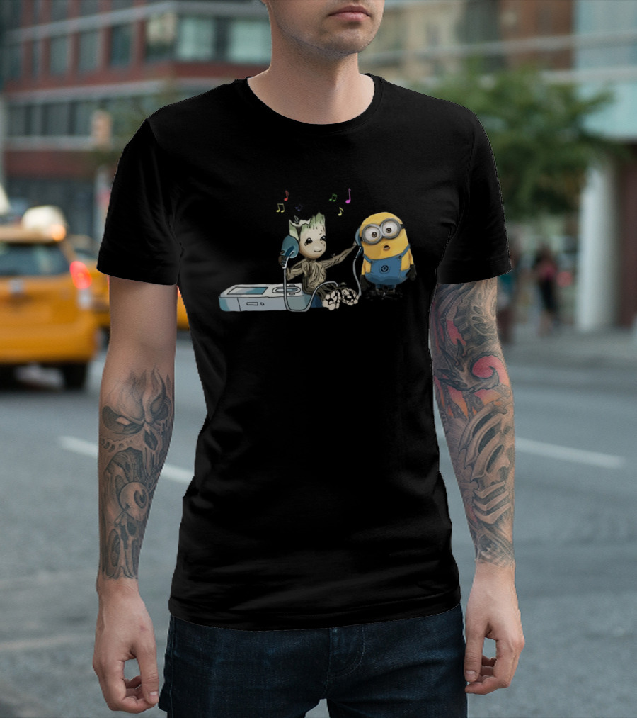 Groot and Minion Sharing Music with Headphones and Music Notes T-Shirt
