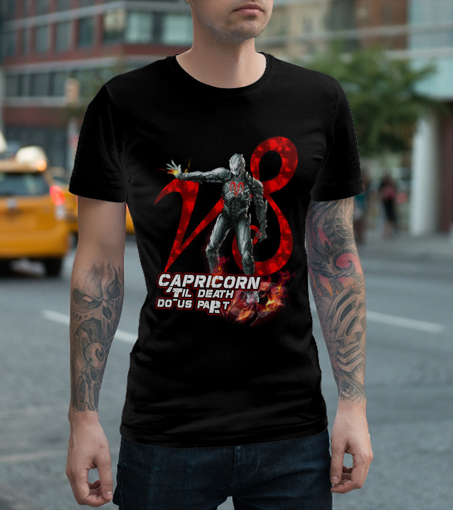 Capricorn Til Death Do Us Part with Iron Man Armor and Red Number Eight T-Shirt