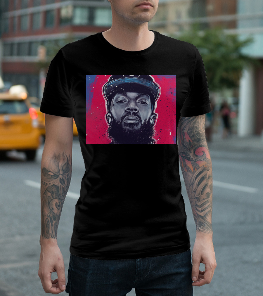 Nipsey Hussle Bold Street Style Portrait With Cap And Vibrant Red Blue T-Shirt