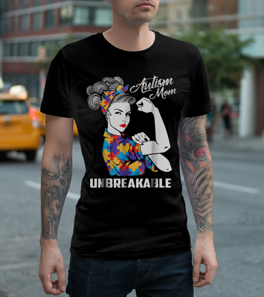 Unbreakable Autism Mom with Puzzle Pattern Retro Rosie the Riveter T-Shirt