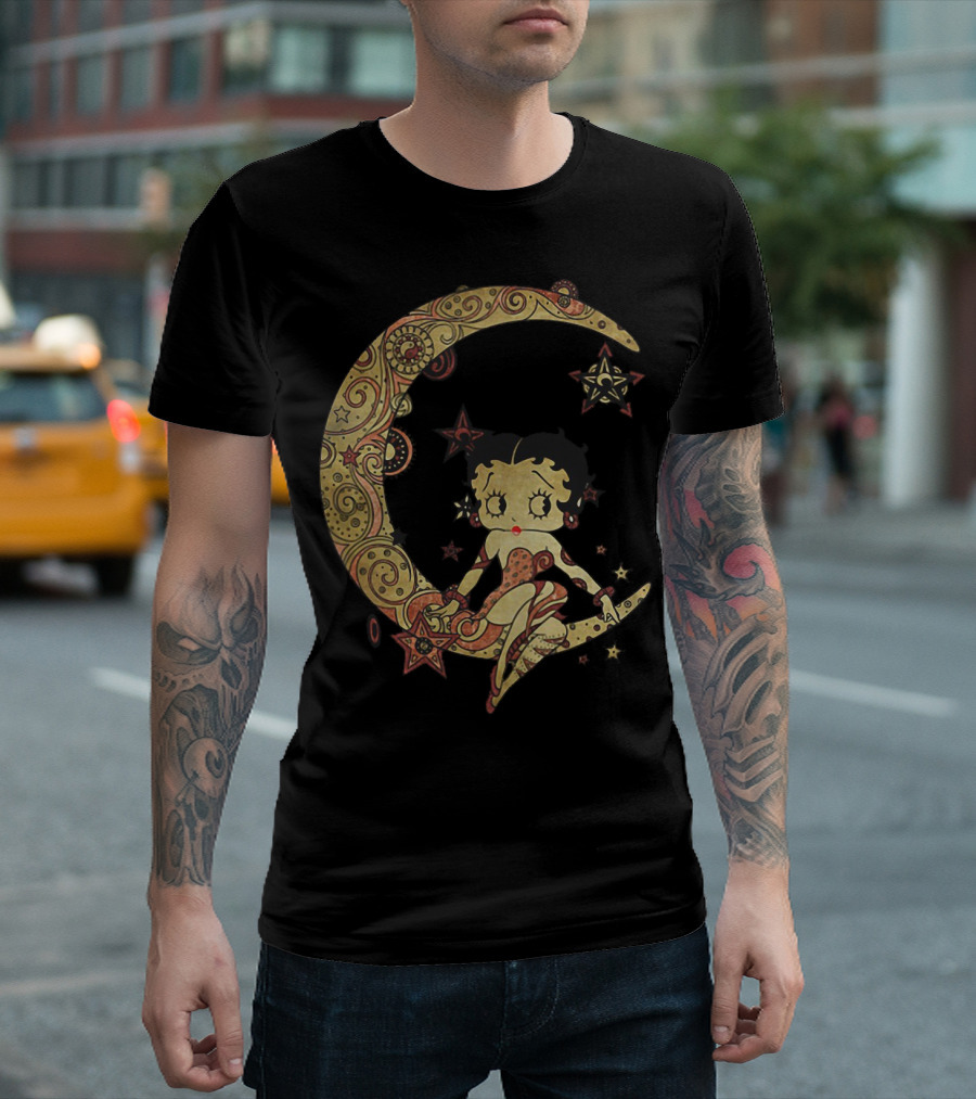 Betty Boop Sitting On Ornate Crescent Moon With Stars T-Shirt