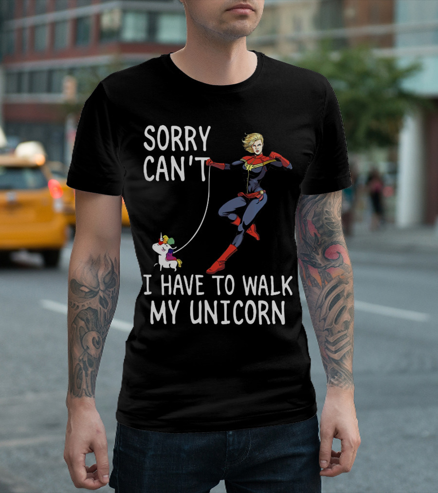 Captain Marvel Sorry Can't I Have to Walk My Unicorn T-Shirt