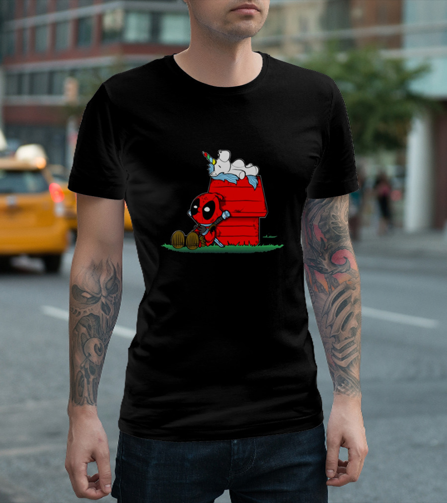 Deadpool and Snoopy Unicorn Crossover on Doghouse with Red and Black Accents T-Shirt