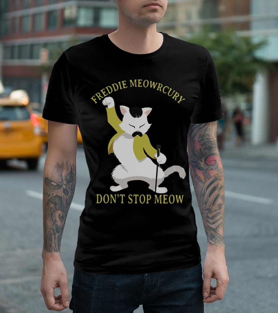 Freddie Meowrcury Don’t Stop Meow Funny Cat Parody with Iconic Pose and Yellow Jacket T-Shirt