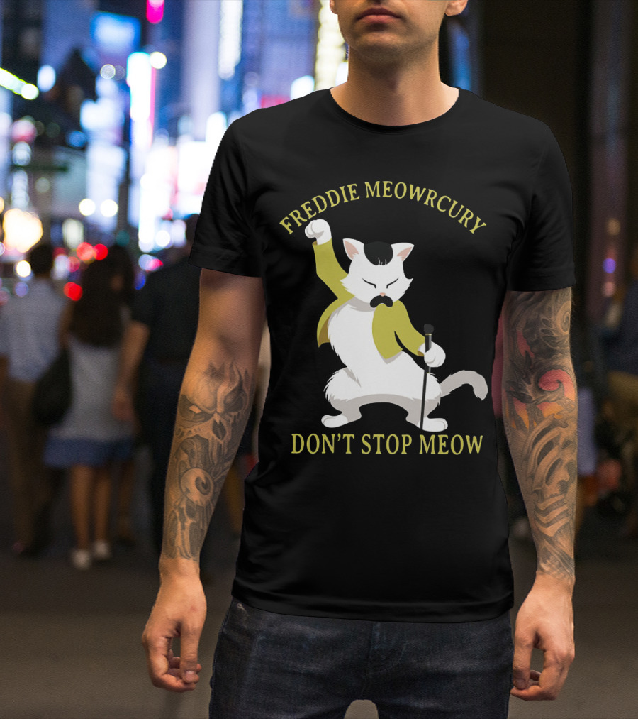 Freddie Meowrcury Don’t Stop Meow Funny Cat Parody With Iconic Pose And Yellow Jacket T-Shirt