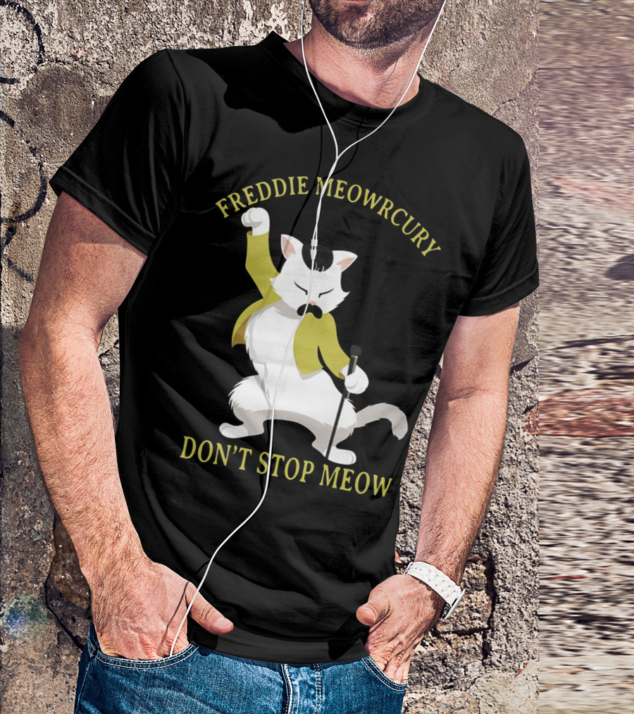 Freddie Meowrcury Don’t Stop Meow Funny Cat Parody With Iconic Pose And Yellow Jacket T-Shirt