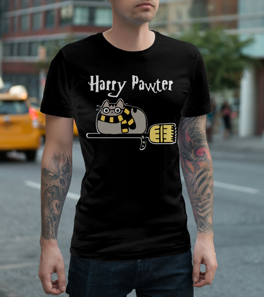 Harry Pawter Pusheen Cat on Broom with Scarf T-Shirt