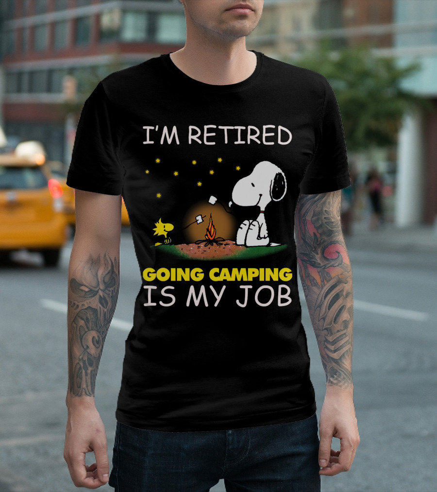 I’m Retired Going Camping Is My Job Snoopy And Woodstock Campfire Scene T-Shirt