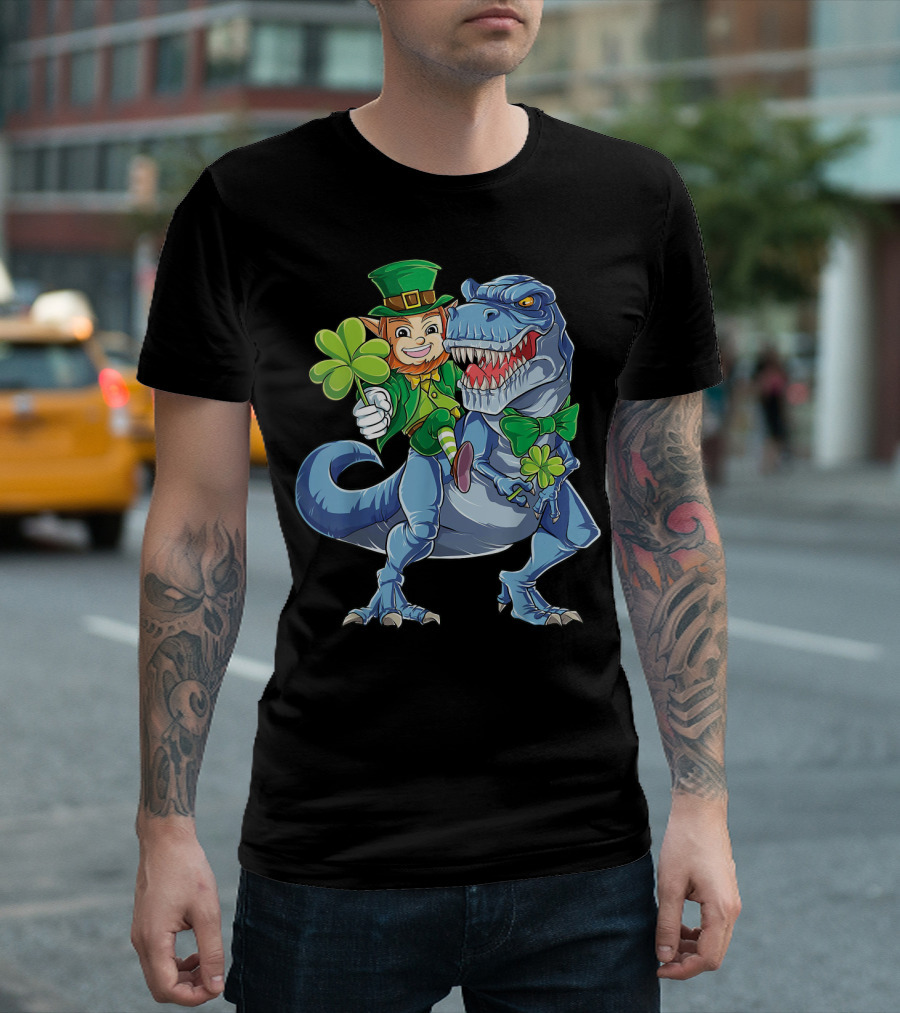 Leprechaun with Shamrock and Bowtie Riding T-Rex Dinosaur T-Shirt