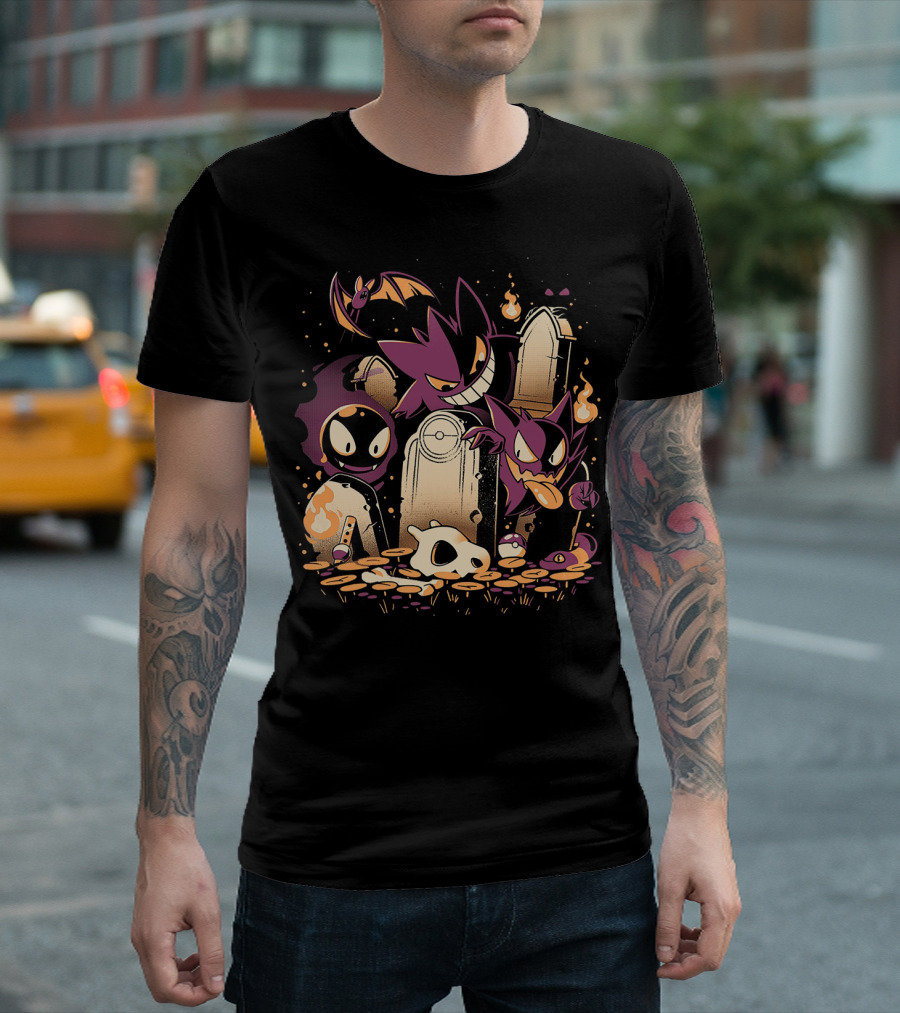 Pokemon Gastly Haunter Gengar Spooky Graveyard Scene with Fire and Skull T-Shirt
