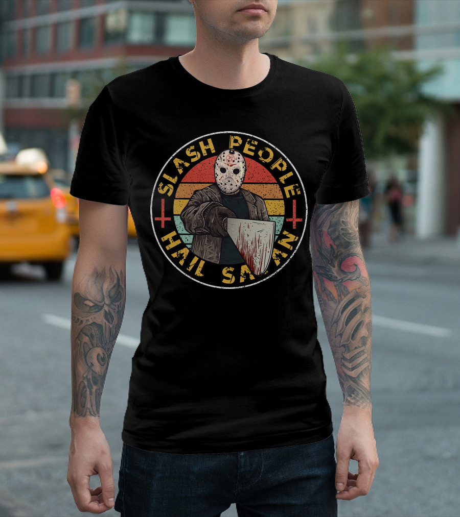 Slash People Hail Satan Jason Voorhees Horror Vintage Retro Mask Bloody Cleaver T-Shirt