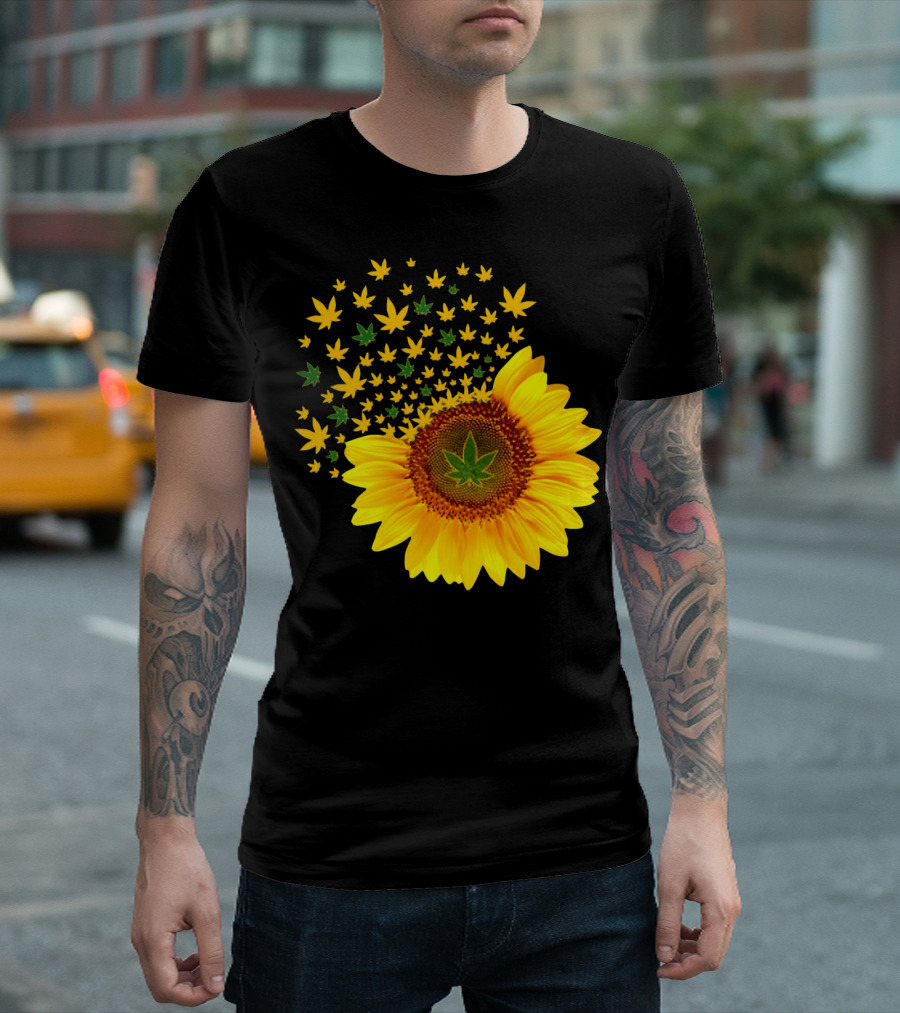 Sunflower With Dispersing Yellow and Green Weed Leaves T-Shirt
