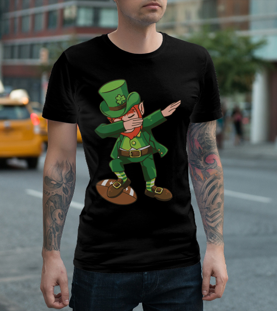 Leprechaun Dabbing on Football with Clover Hat T-Shirt