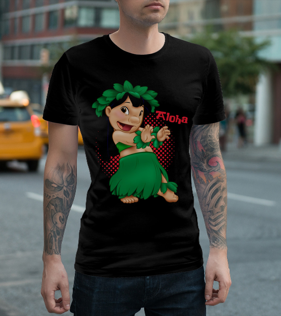Lilo And Stitch Aloha Lilo Green Hula Dance With Red Polka Dot Background T-Shirt