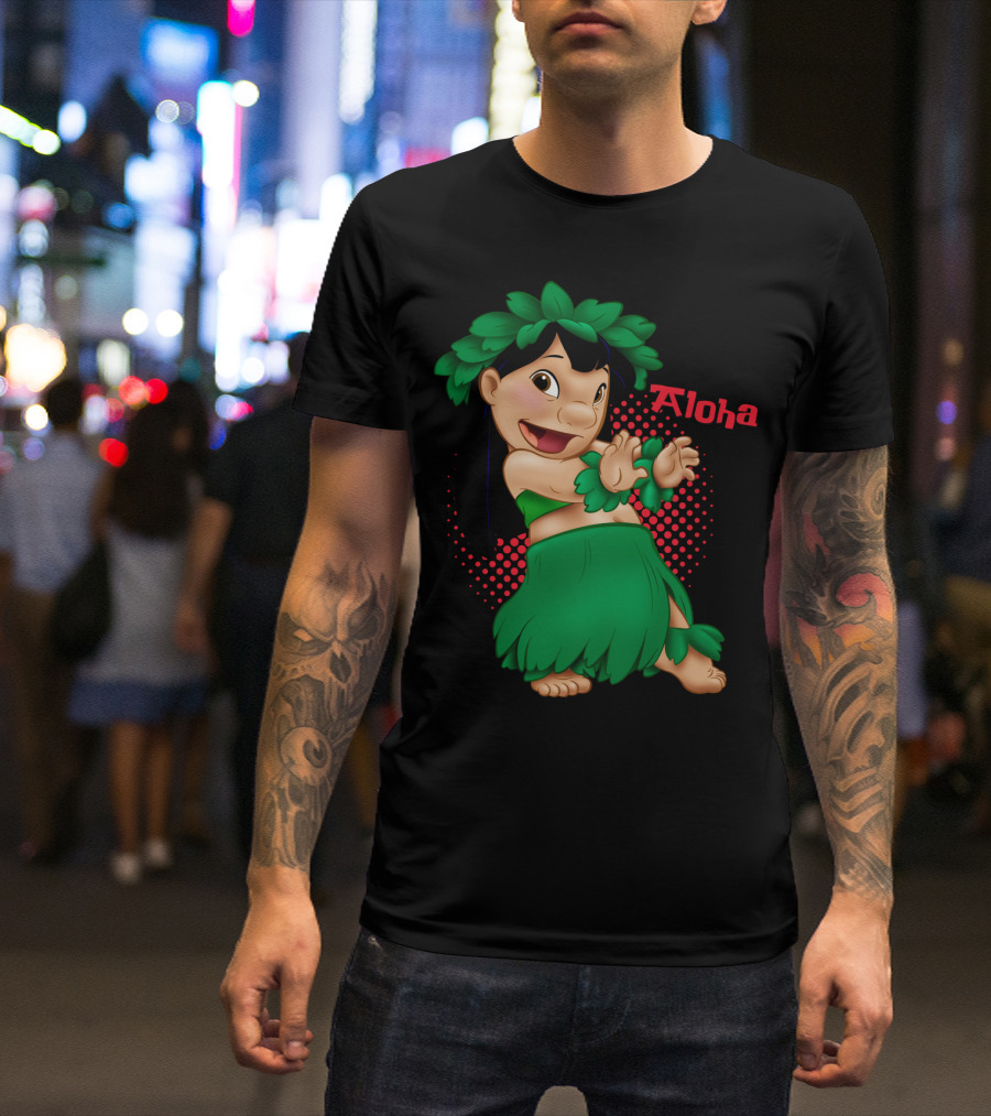 Lilo And Stitch Aloha Lilo Green Hula Dance With Red Polka Dot Background T-Shirt