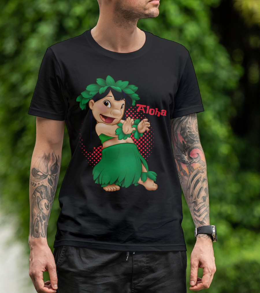 Lilo And Stitch Aloha Lilo Green Hula Dance With Red Polka Dot Background T-Shirt