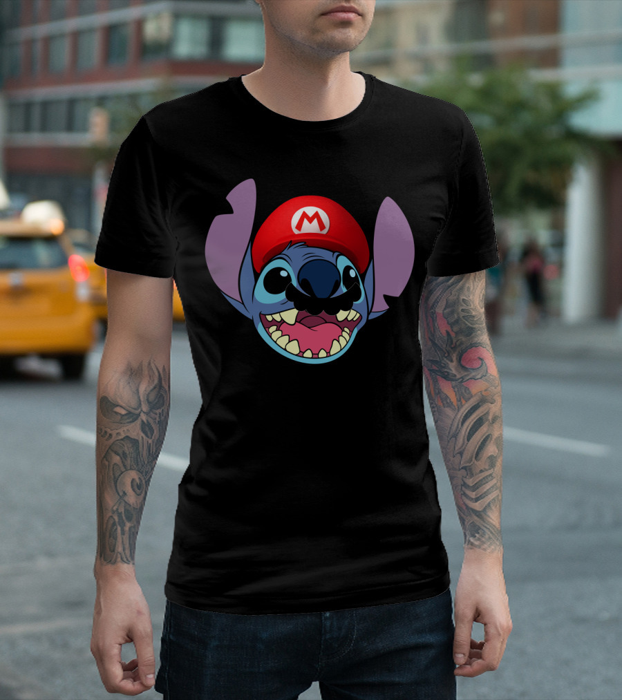 Stitch Wearing Mario Hat and Mustache Cartoon Crossover T-Shirt