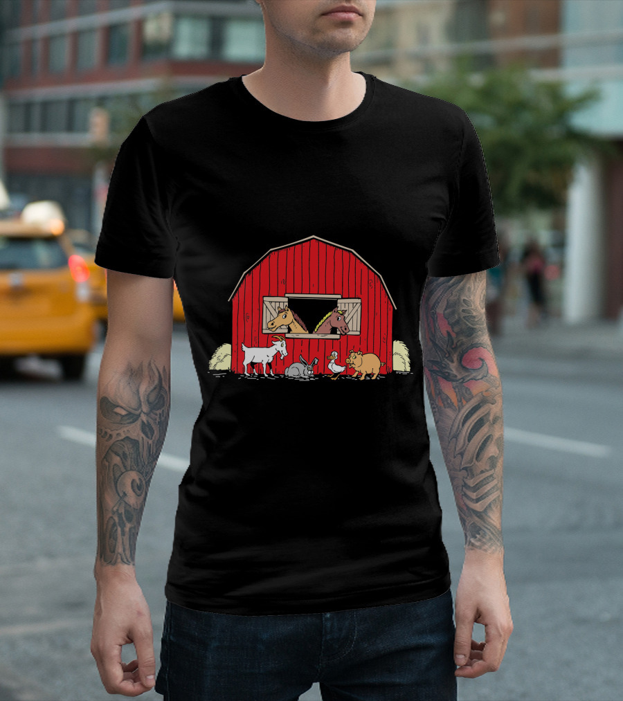 Barnyard Animals Red Barn Horses Pig Goat Duck Scene T-Shirt