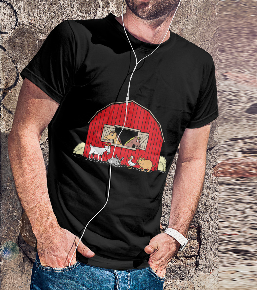 Barnyard Animals Red Barn Horses Pig Goat Duck Scene T-Shirt