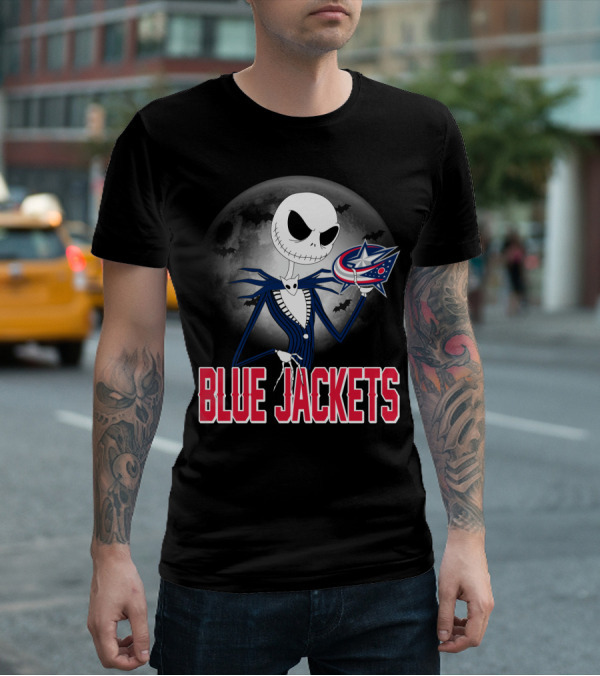 Jack Skellington Columbus Blue Jackets Halloween Fan Logo Moon Background T-Shirt