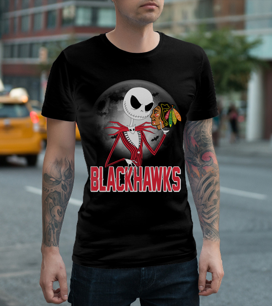Jack Skellington Halloween Full Moon Chicago Blackhawks Collaboration T-Shirt