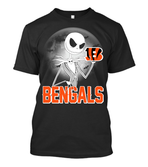 Jack Skellington Holding Cincinnati Bengals Logo Halloween Moon Bats Bengal Tiger B T-Shirt
