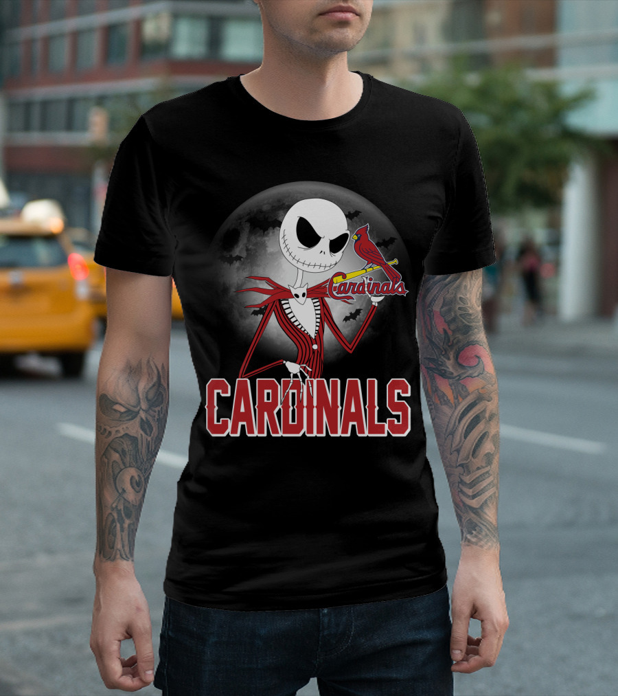 Cardinals Jack Skeleton Halloween St. Louis Cardinals Logo Moon Background T-Shirt