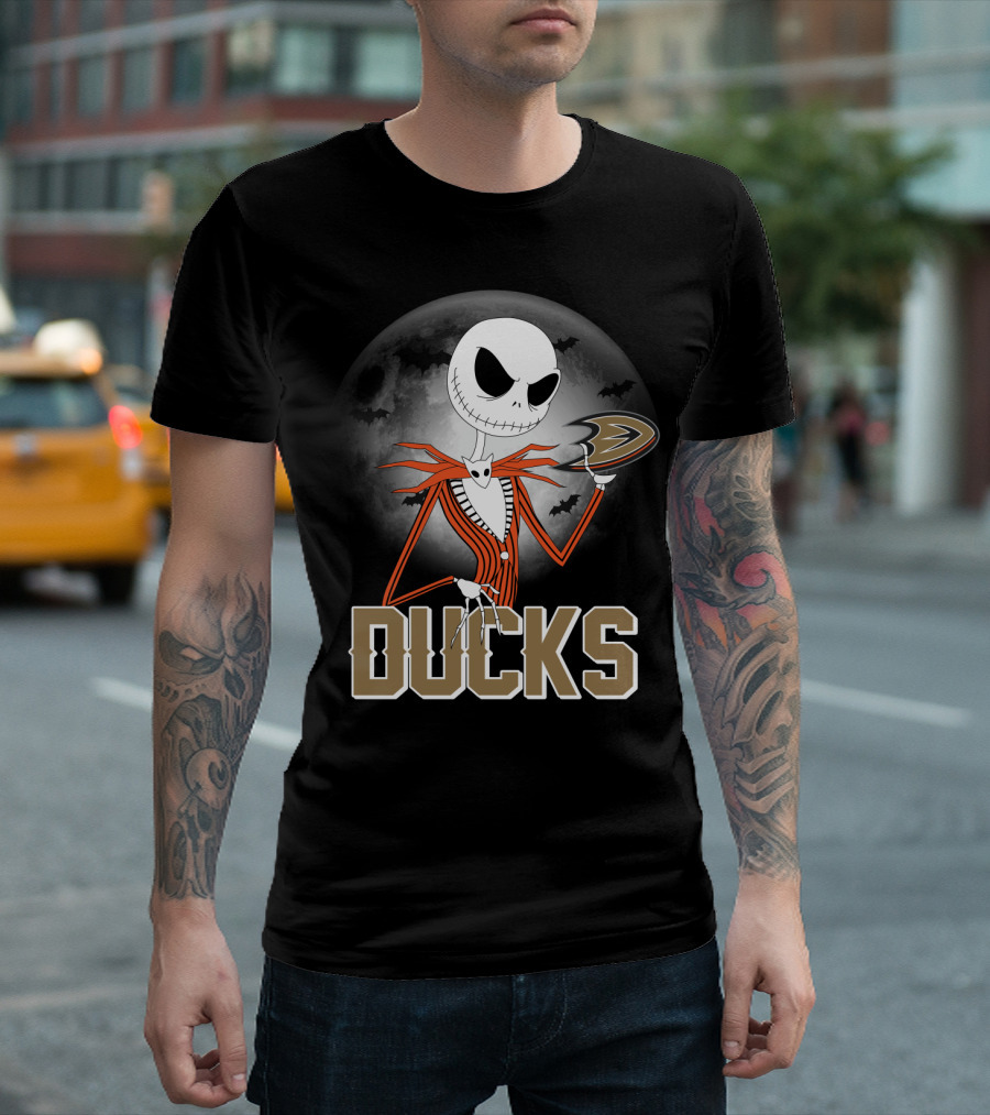 Jack Skellington Anaheim Ducks Halloween Moon and Bats T-Shirt
