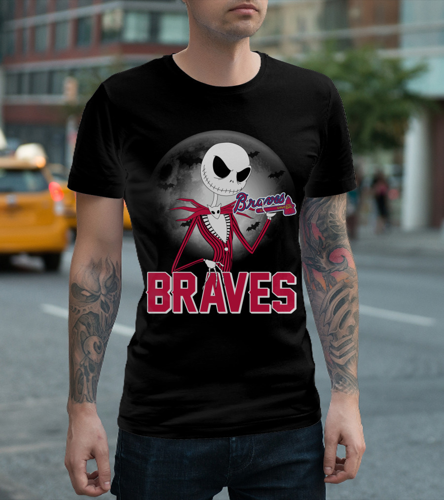 Jack Skellington Braves Halloween with Atlanta Baseball Moon and Bats T-Shirt