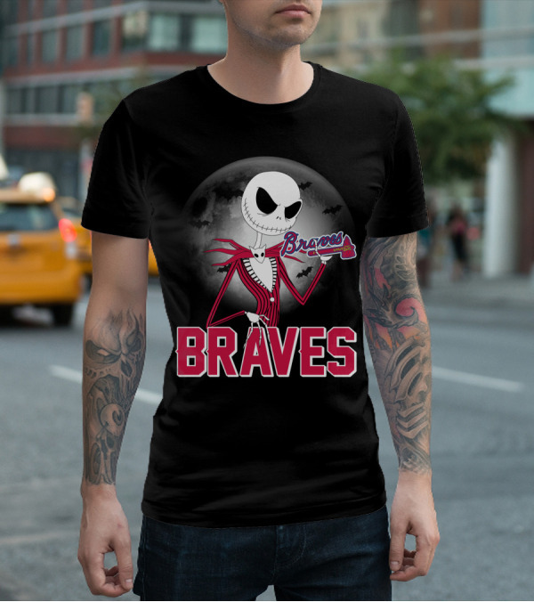 Jack Skellington Braves Halloween With Atlanta Baseball Moon And Bats T-Shirt
