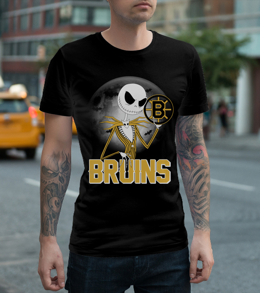 Jack Skellington Halloween Boston Bruins Moon And Bats T-Shirt