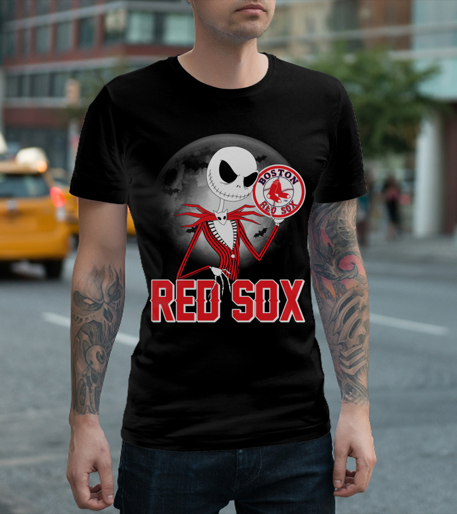 Jack Skellington Holding Boston Red Sox Logo With Halloween Moon Background T-Shirt