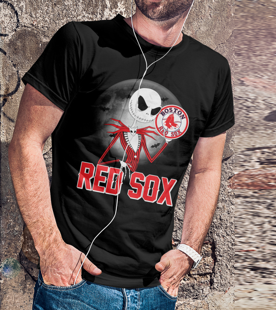 Jack Skellington Holding Boston Red Sox Logo With Halloween Moon Background T-Shirt