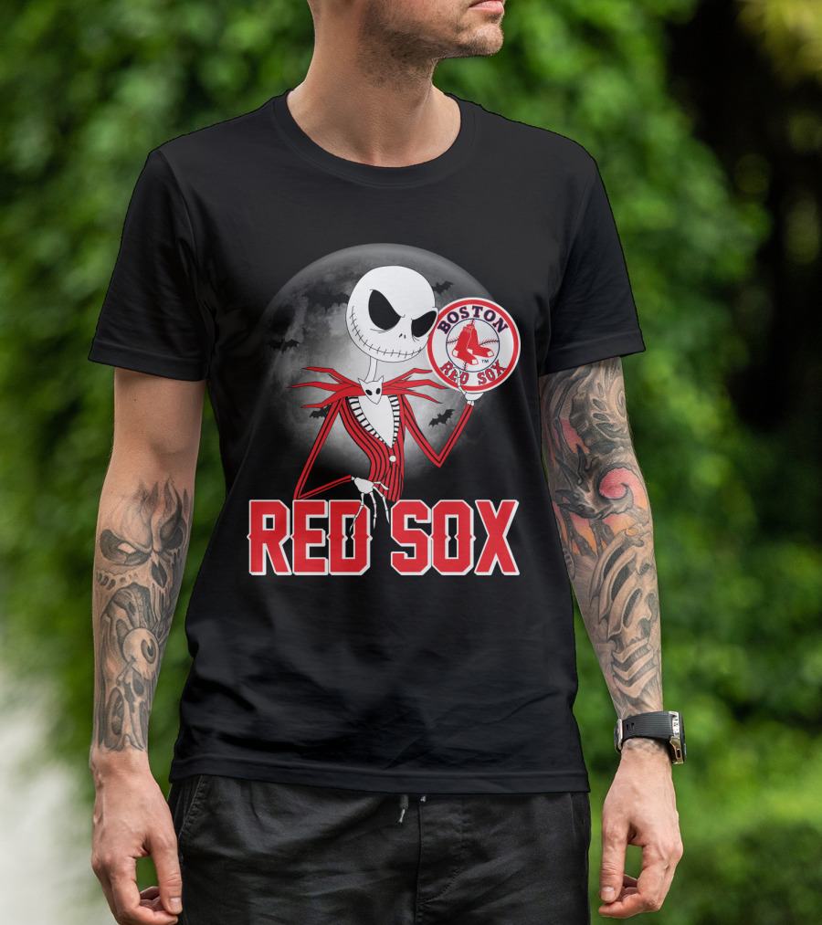 Jack Skellington Holding Boston Red Sox Logo With Halloween Moon Background T-Shirt