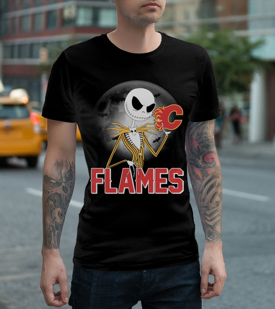 Jack Skellington Flames Halloween Calgary Hockey Crossover T-Shirt