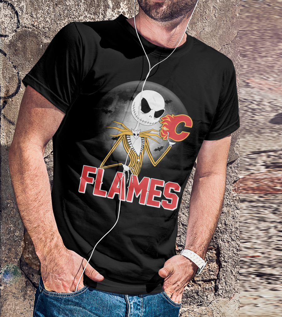 Jack Skellington Flames Halloween Calgary Hockey Crossover T-Shirt