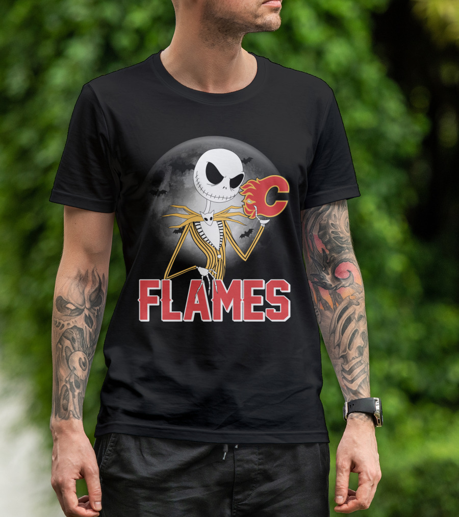 Jack Skellington Flames Halloween Calgary Hockey Crossover T-Shirt