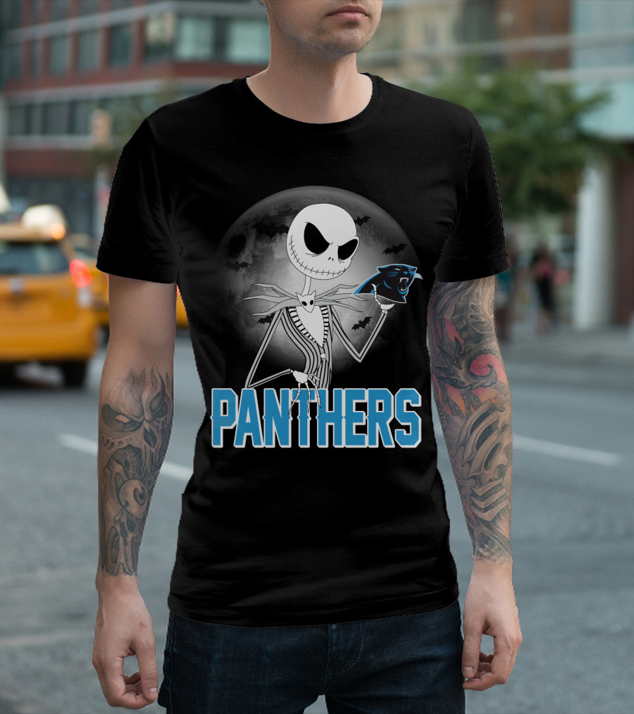 Jack Skellington Panthers Halloween Carolina Panthers Logo Moon Bats T-Shirt