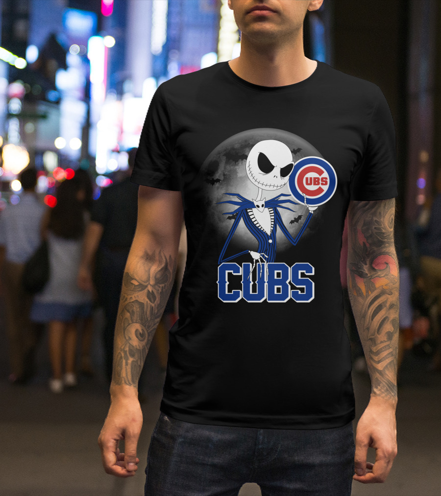 Jack Skellington Halloween Cubs Logo Fans With Full Moon And Bats T-Shirt