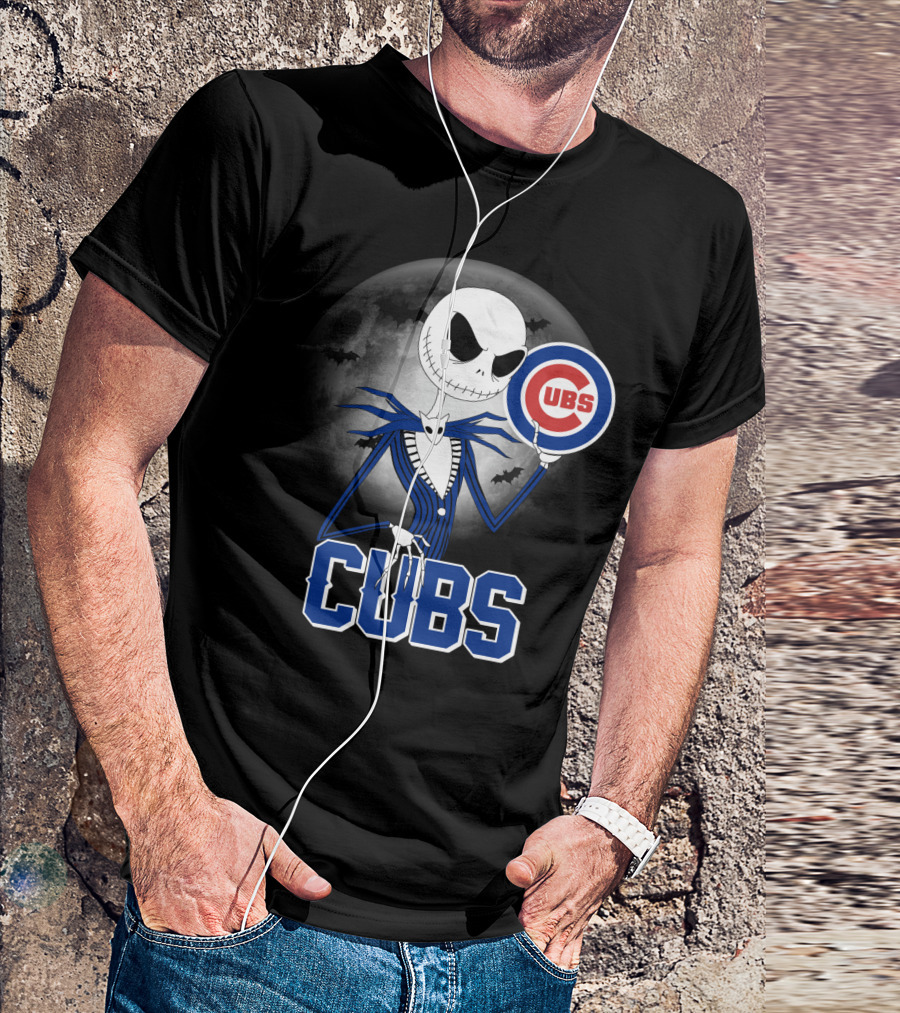 Jack Skellington Halloween Cubs Logo Fans With Full Moon And Bats T-Shirt