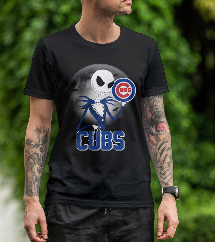 Jack Skellington Halloween Cubs Logo Fans With Full Moon And Bats T-Shirt