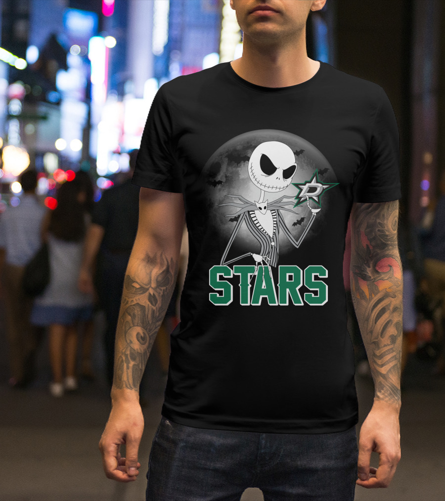 Jack Skellington Dallas Stars Halloween Moon Background Fan T-Shirt