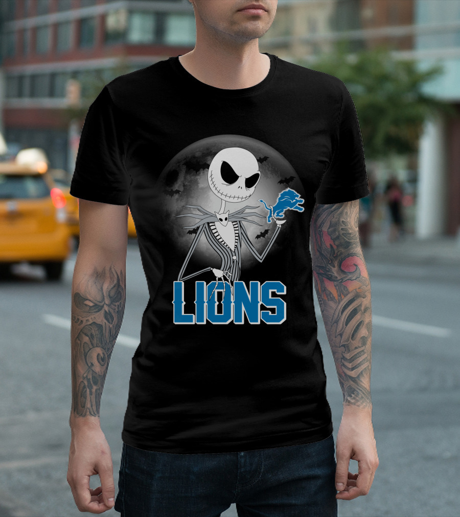 Jack Skellington Detroit Lions Halloween Night Full Moon Bats T-Shirt