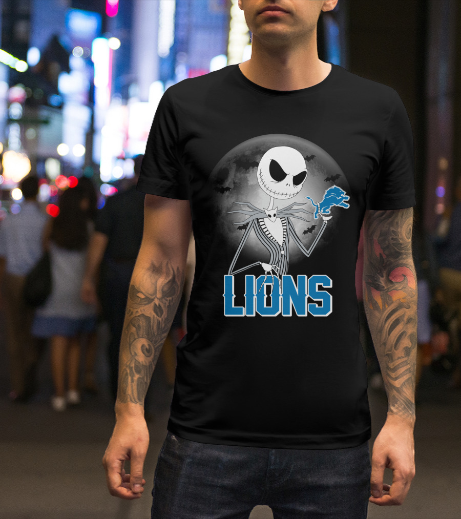 Jack Skellington Detroit Lions Halloween Night Full Moon Bats T-Shirt