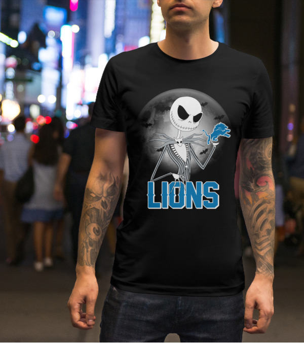 Jack Skellington Detroit Lions Halloween Night Full Moon Bats T-Shirt