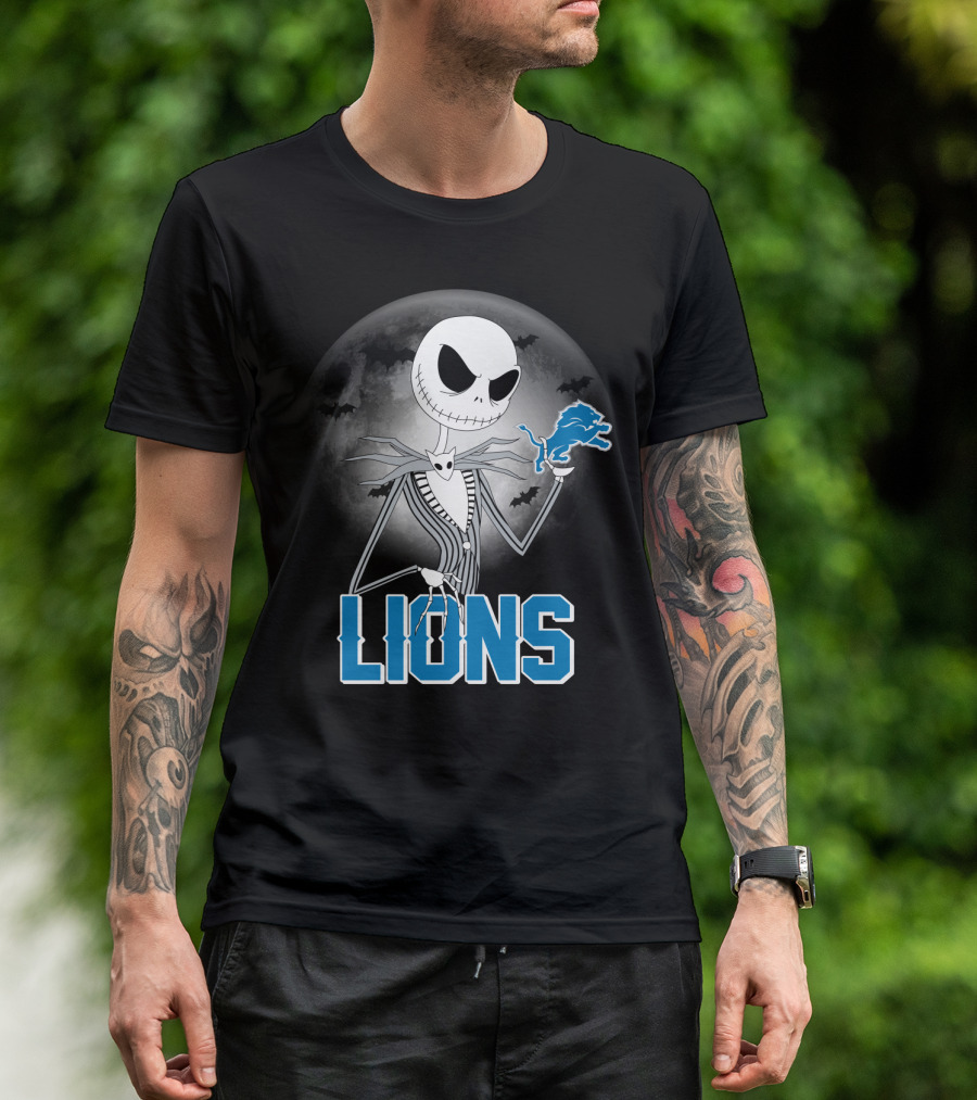 Jack Skellington Detroit Lions Halloween Night Full Moon Bats T-Shirt
