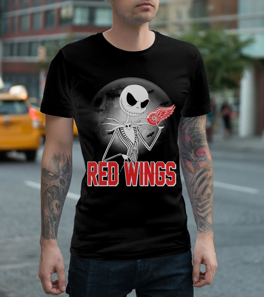 Jack Skellington Holding Detroit Red Wings Symbol in Halloween Moonlit Scene T-Shirt