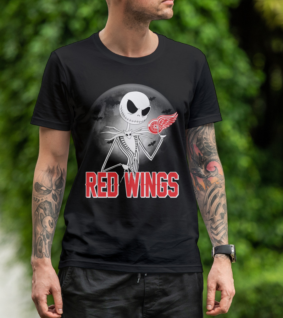 Jack Skellington Holding Detroit Red Wings Symbol In Halloween Moonlit Scene T-Shirt