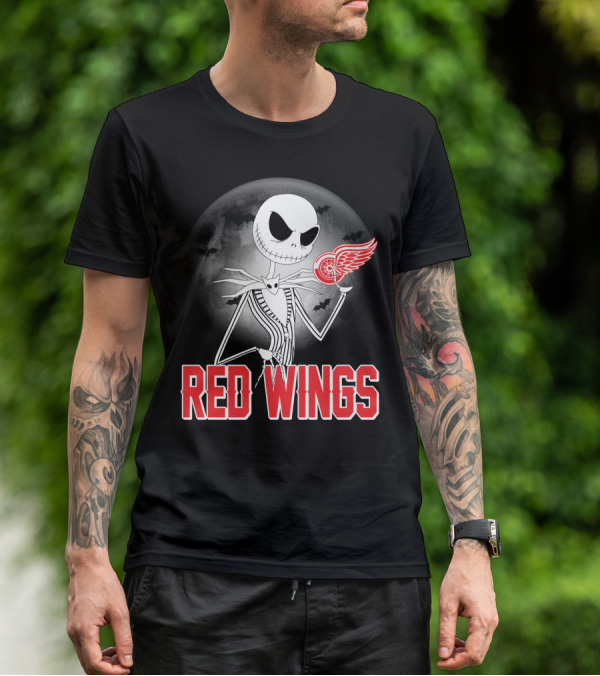 Jack Skellington Holding Detroit Red Wings Symbol In Halloween Moonlit Scene T-Shirt