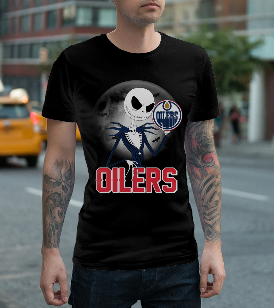 Jack Skellington Edmonton Oilers Halloween Moon Background T-Shirt